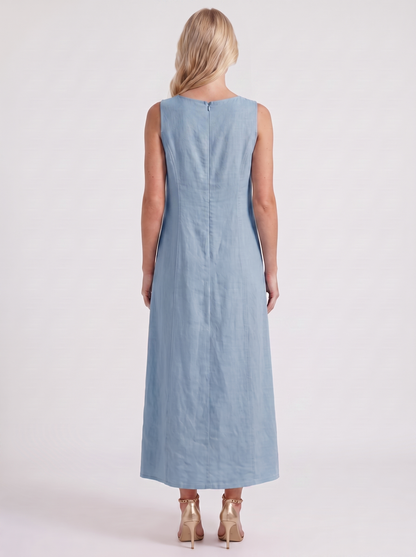 Women light blue midi dress with v neckline and sleeveless