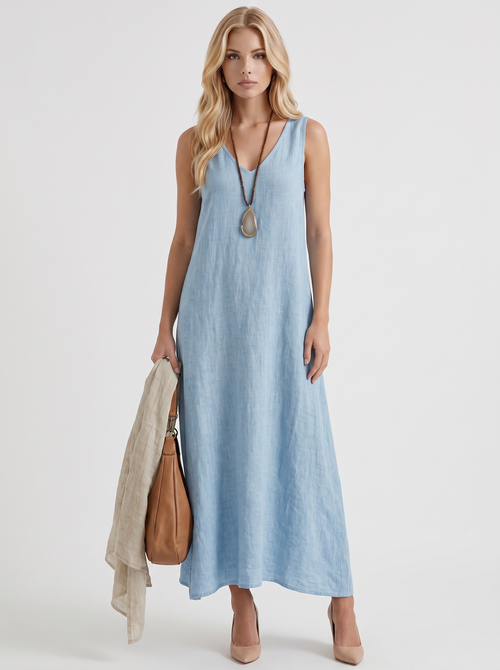 Women light blue midi dress with v neckline and sleeveless