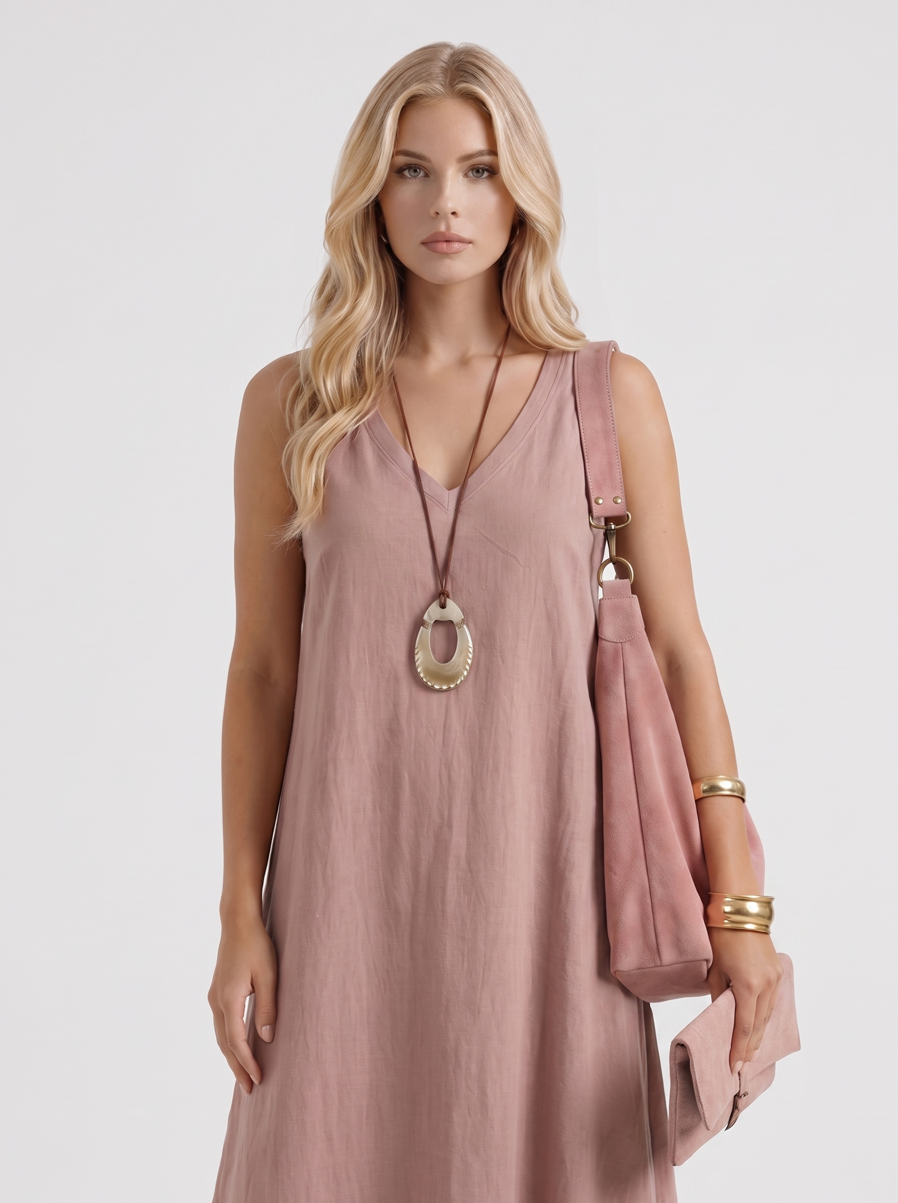 Women mauve midi dress with v neckline and sleeveless