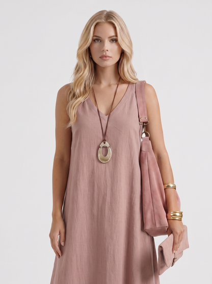 Women mauve midi dress with v neckline and sleeveless