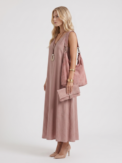 Women mauve midi dress with v neckline and sleeveless