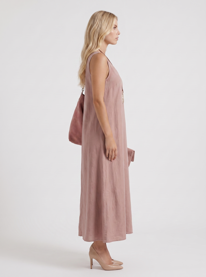 Women mauve midi dress with v neckline and sleeveless