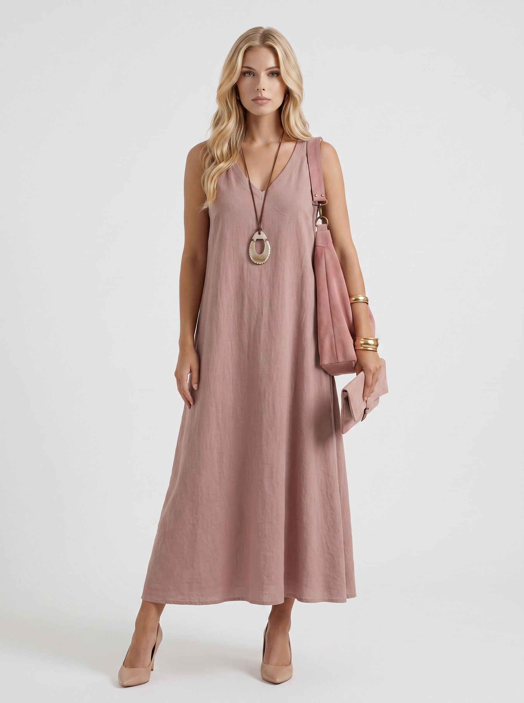 Women mauve midi dress with v neckline and sleeveless