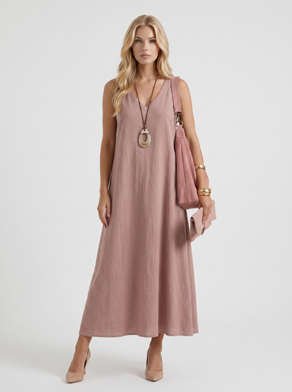 Women mauve midi dress with v neckline and sleeveless