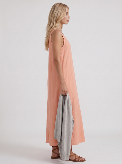 Women pink midi dress with v neckline and sleeveless