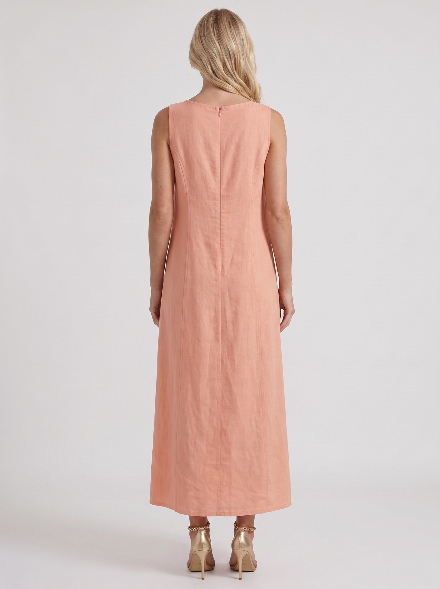 Women pink midi dress with v neckline and sleeveless