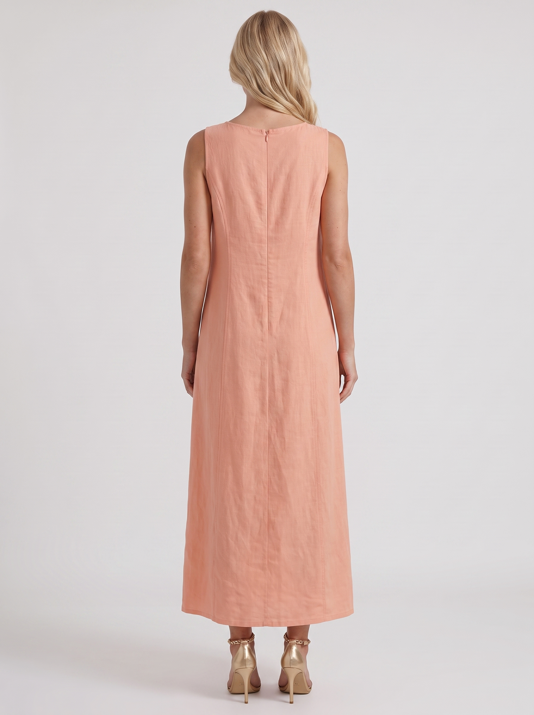 Women pink midi dress with v neckline and sleeveless
