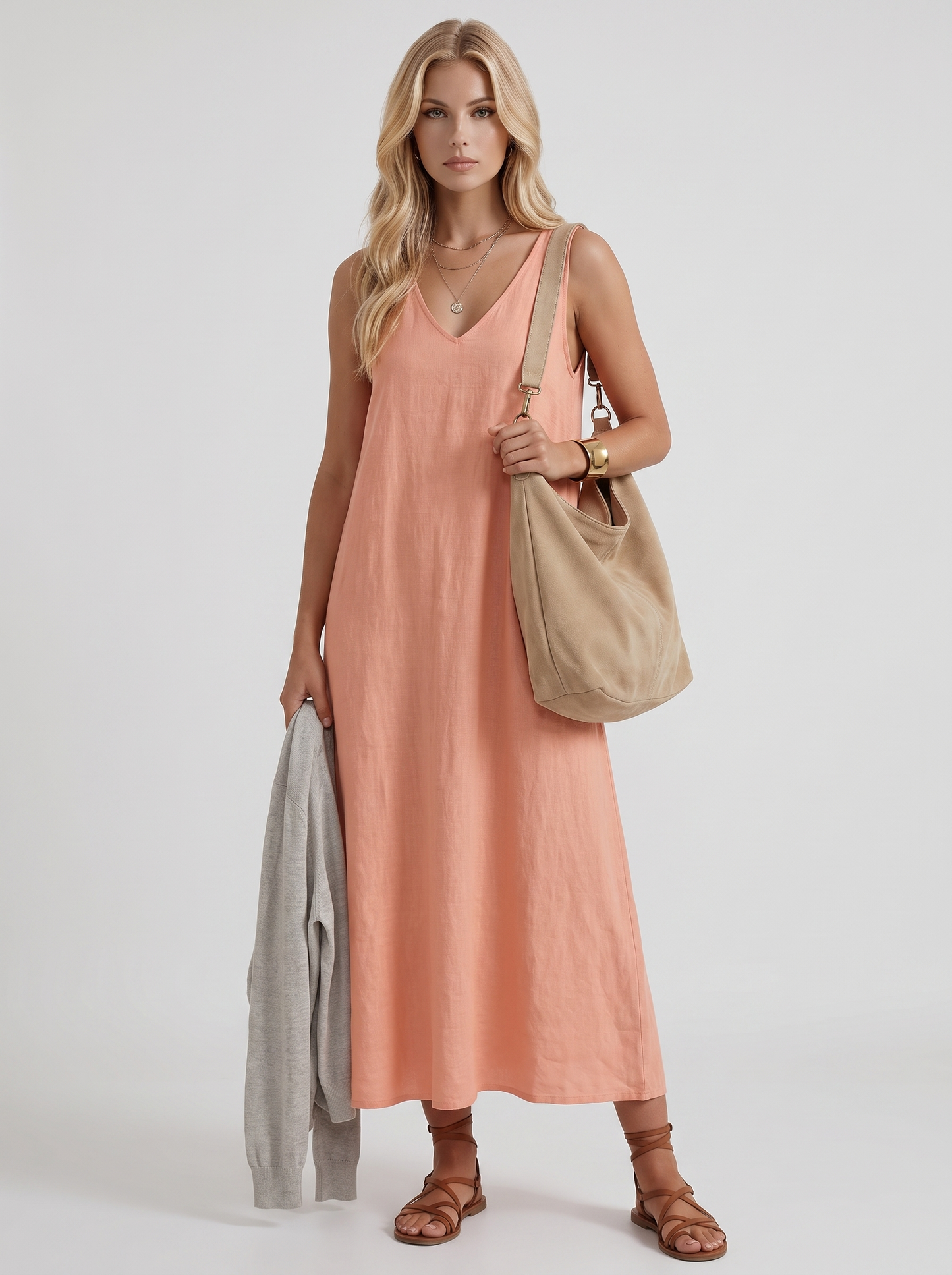Women pink midi dress with v neckline and sleeveless