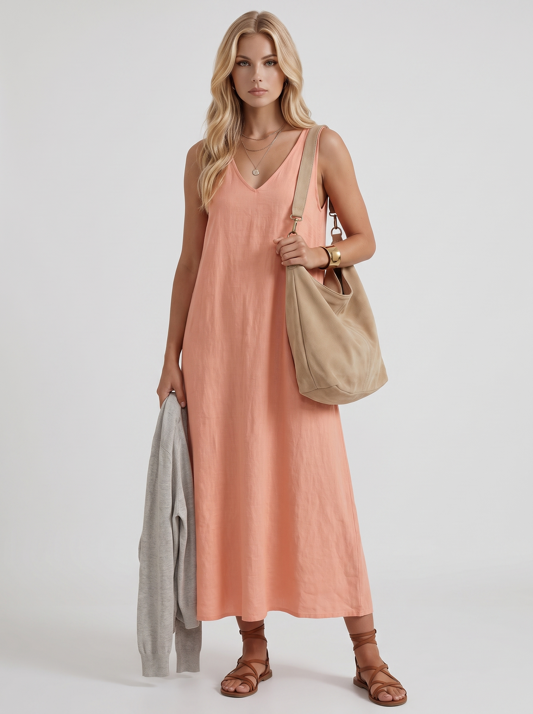 Women pink midi dress with v neckline and sleeveless
