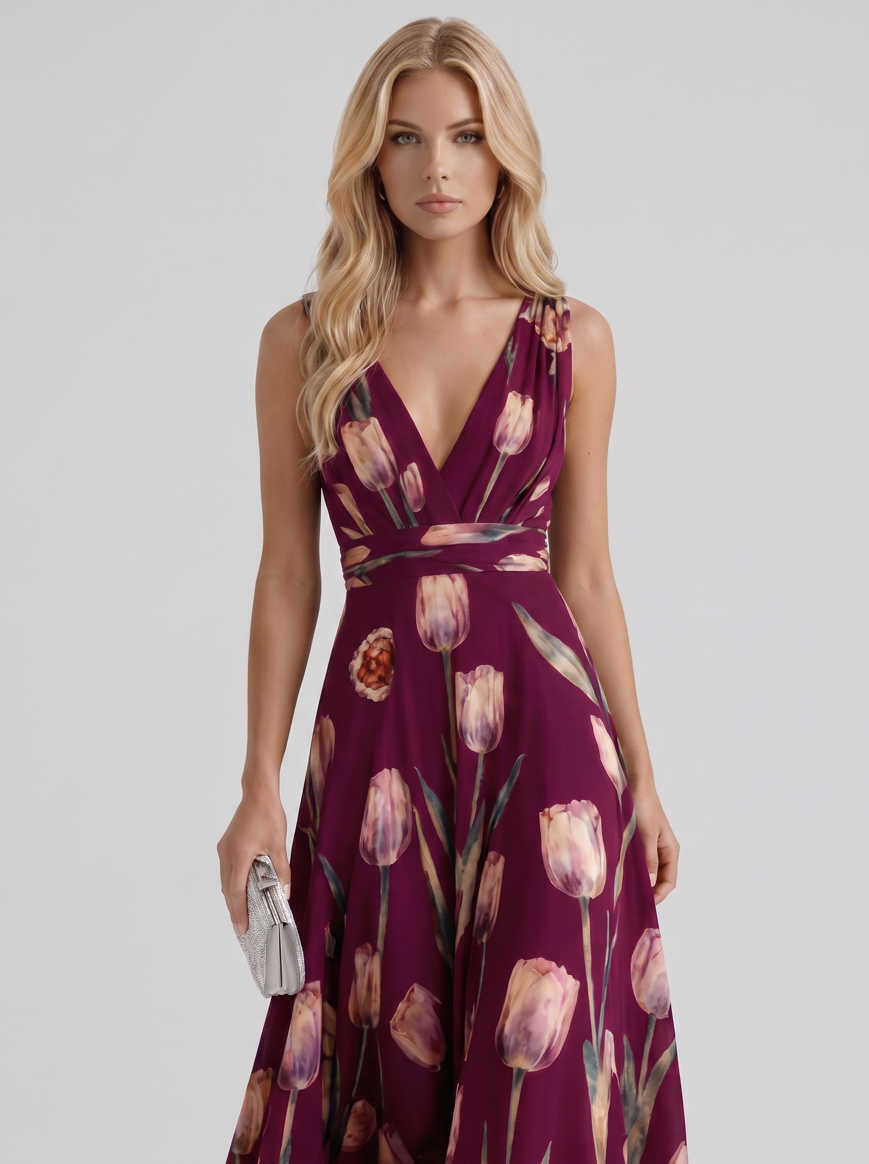 Women burgundy floral maxi dress with v neckline and tulip floral print