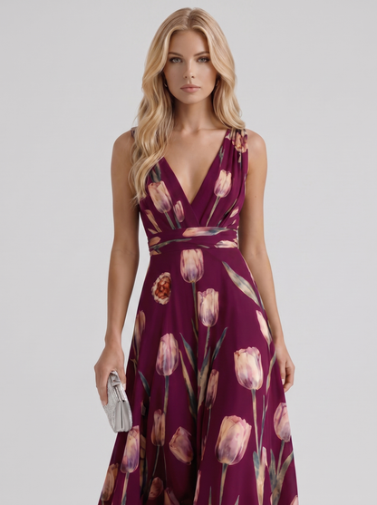 Women burgundy floral maxi dress with v neckline and tulip floral print