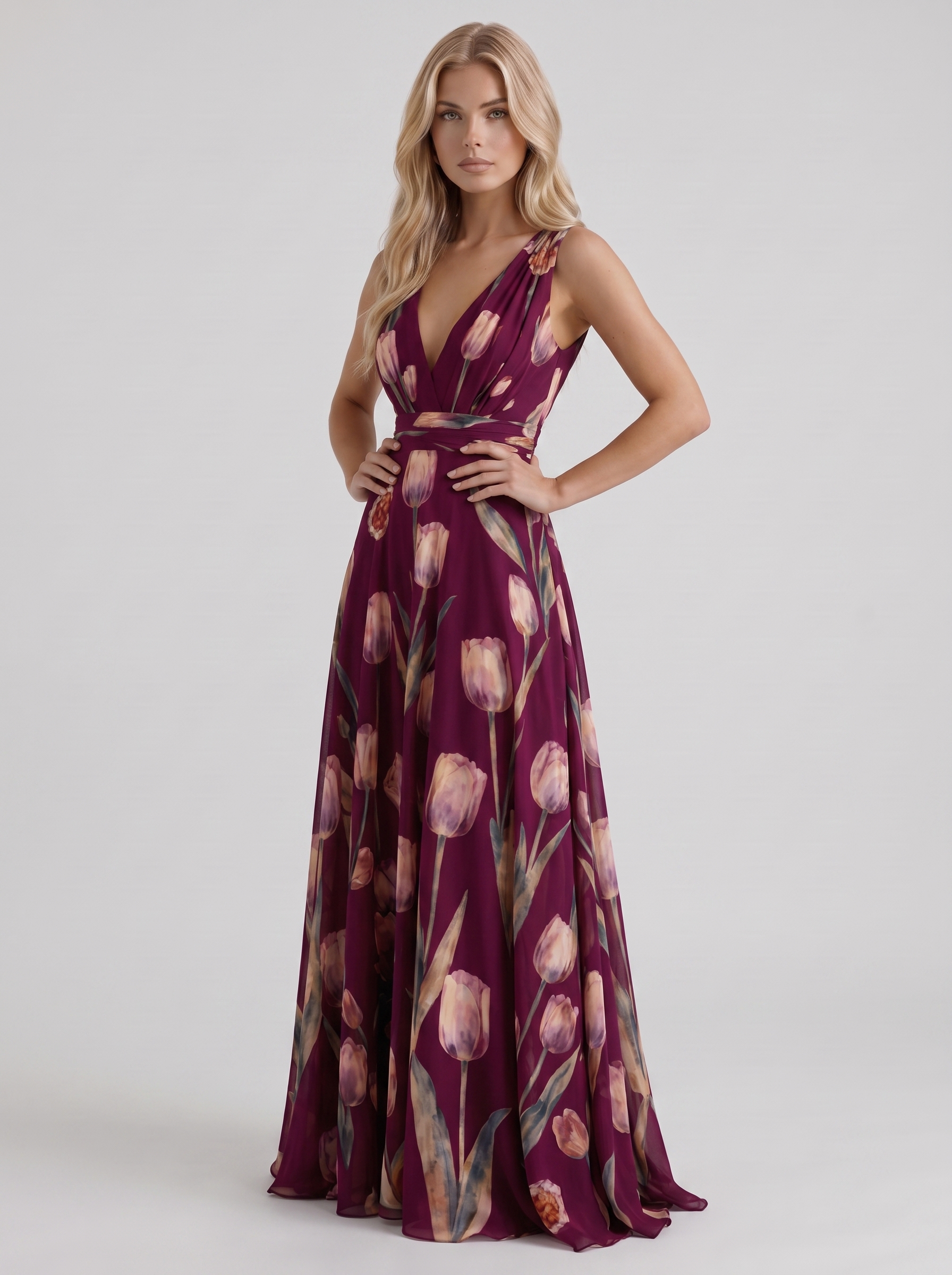 Women burgundy floral maxi dress with v neckline and tulip floral print