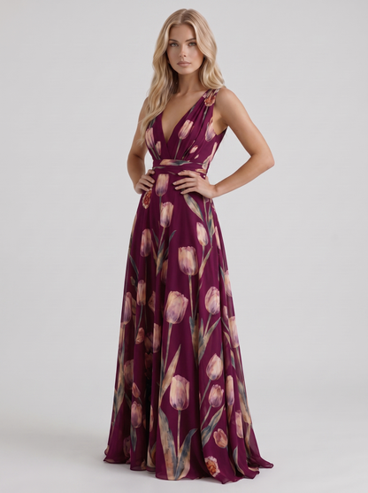 Women burgundy floral maxi dress with v neckline and tulip floral print