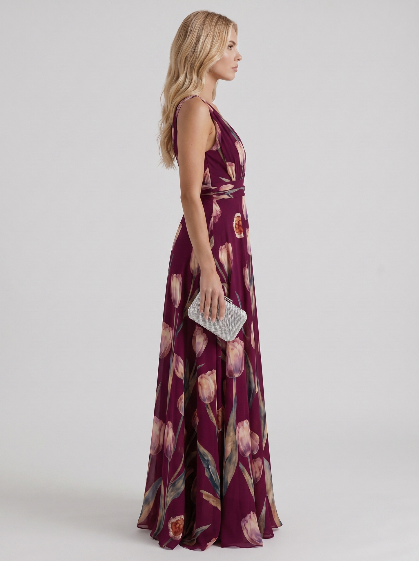 Women burgundy floral maxi dress with v neckline and tulip floral print