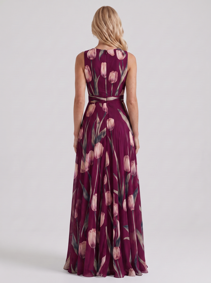 Women burgundy floral maxi dress with v neckline and tulip floral print