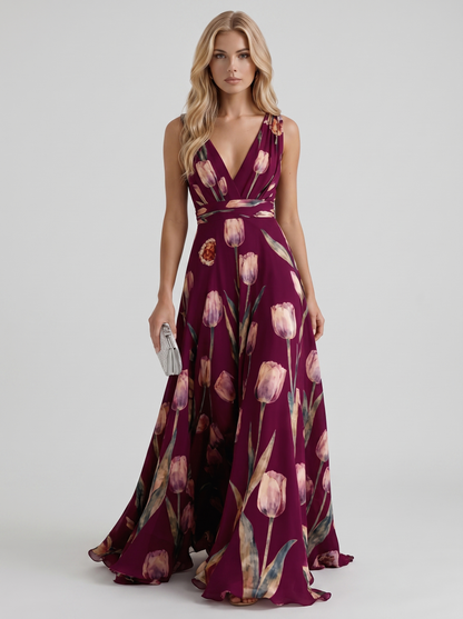 Women burgundy floral maxi dress with v neckline and tulip floral print