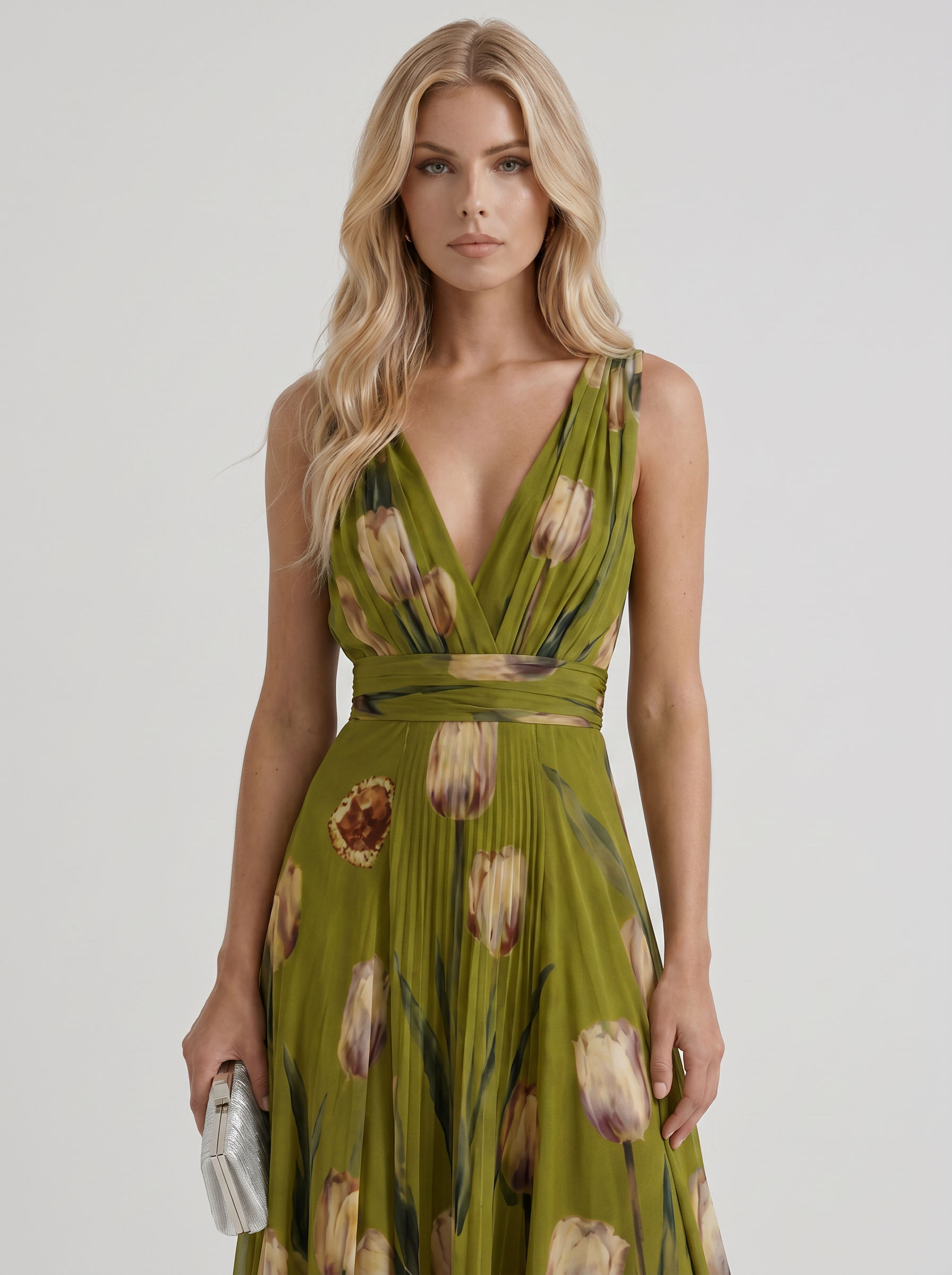 Women green floral maxi dress with v neckline and tulip floral print