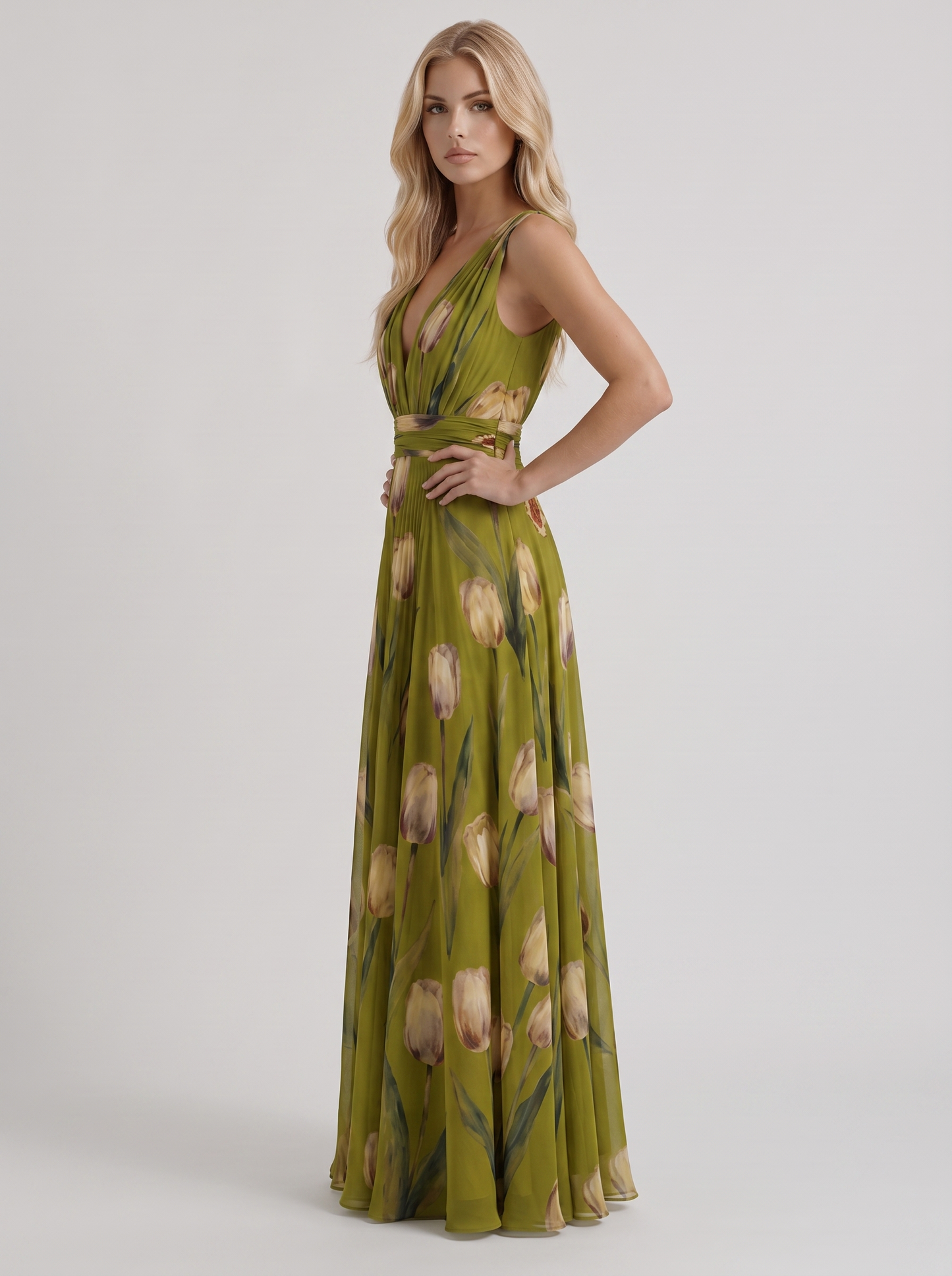 Women green floral maxi dress with v neckline and tulip floral print