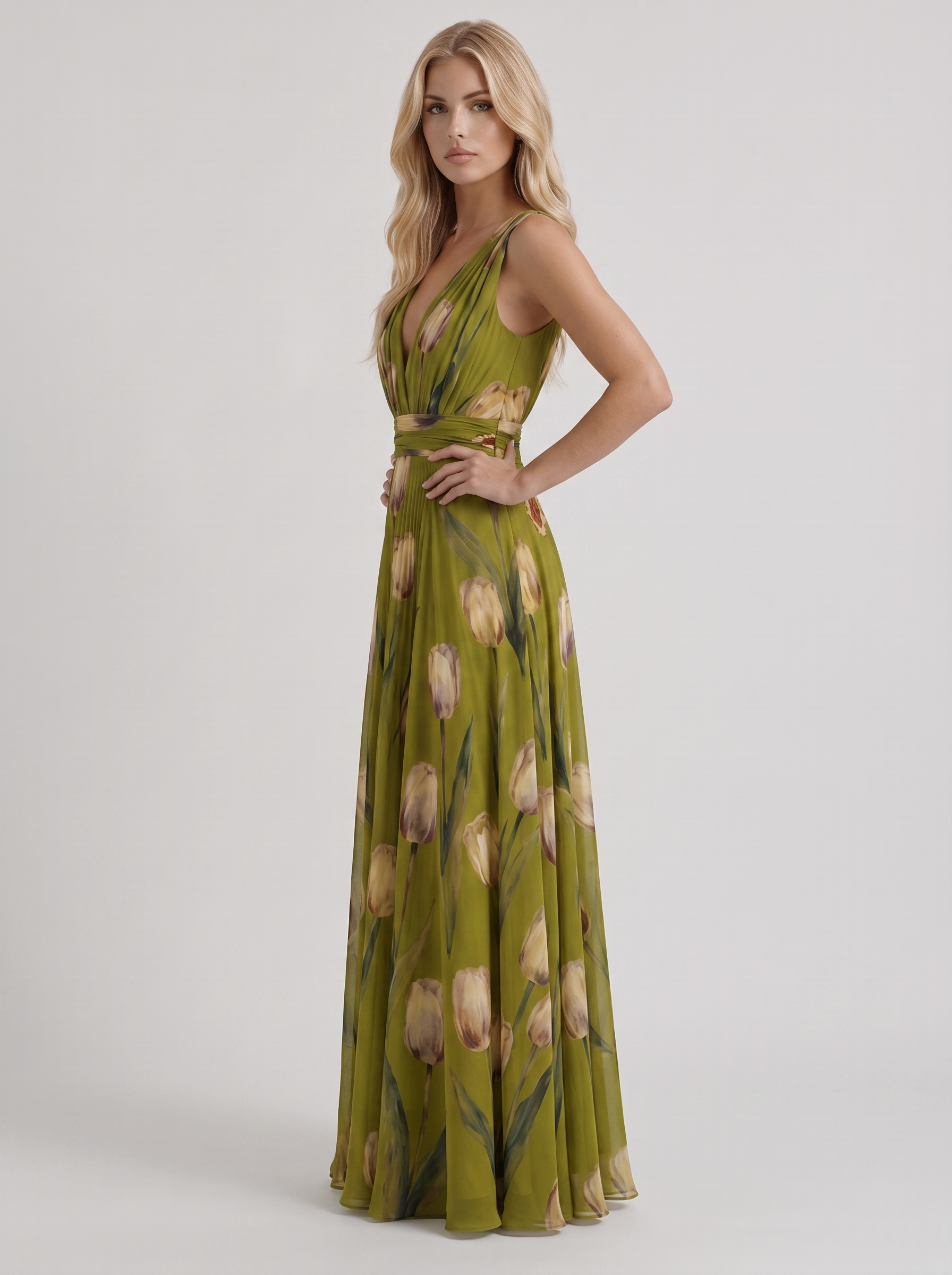 Women green floral maxi dress with v neckline and tulip floral print