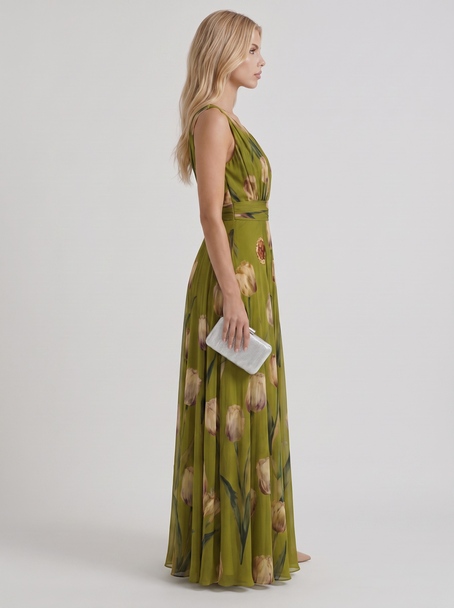 Women green floral maxi dress with v neckline and tulip floral print