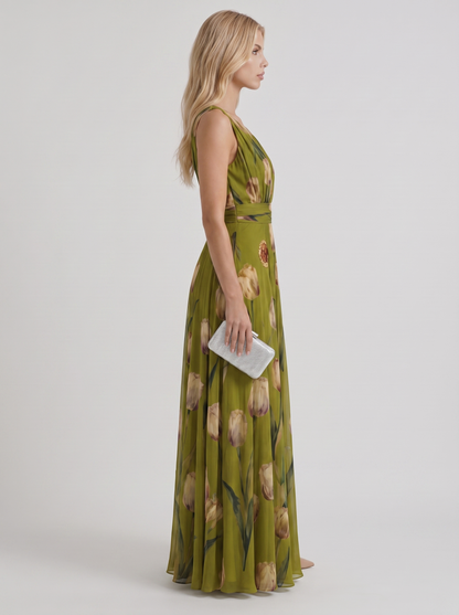 Women green floral maxi dress with v neckline and tulip floral print