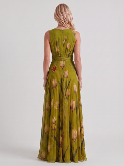 Women green floral maxi dress with v neckline and tulip floral print