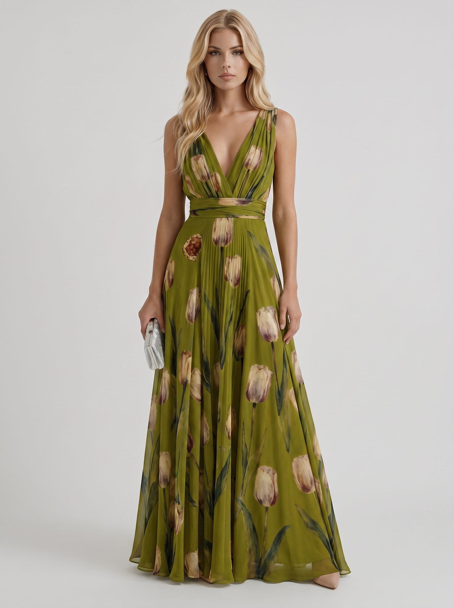 Women green floral maxi dress with v neckline and tulip floral print