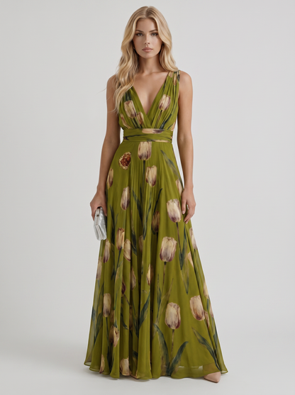 Women green floral maxi dress with v neckline and tulip floral print
