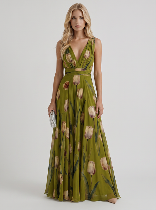 Women green floral maxi dress with v neckline and tulip floral print