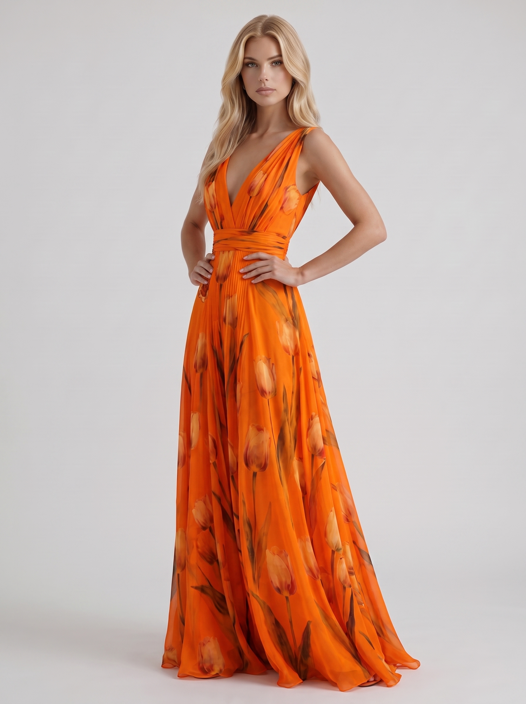 Women orange floral maxi dress with v neckline and tulip floral print