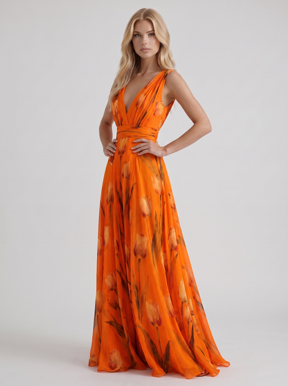 Women orange floral maxi dress with v neckline and tulip floral print