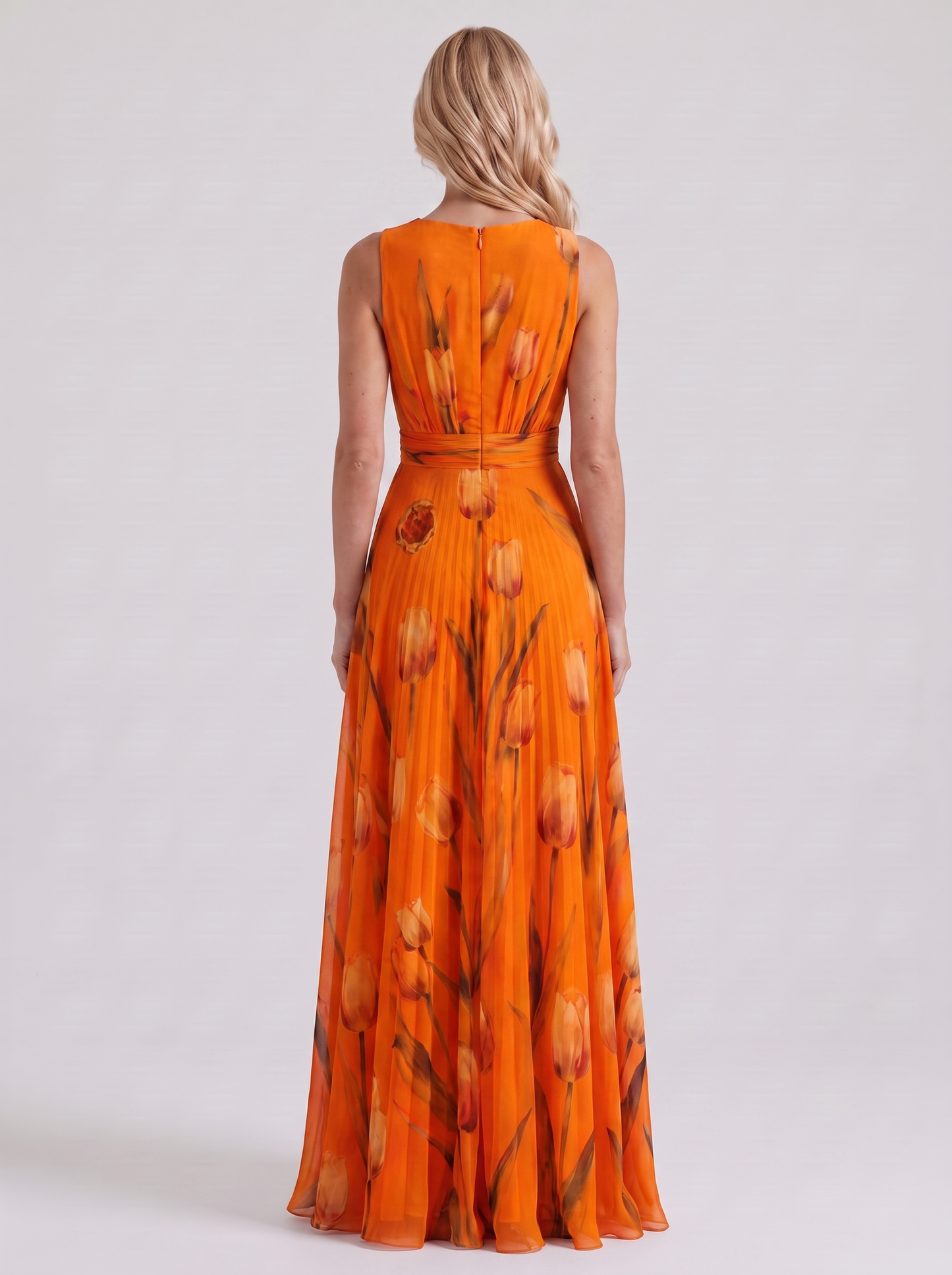 Women orange floral maxi dress with v neckline and tulip floral print