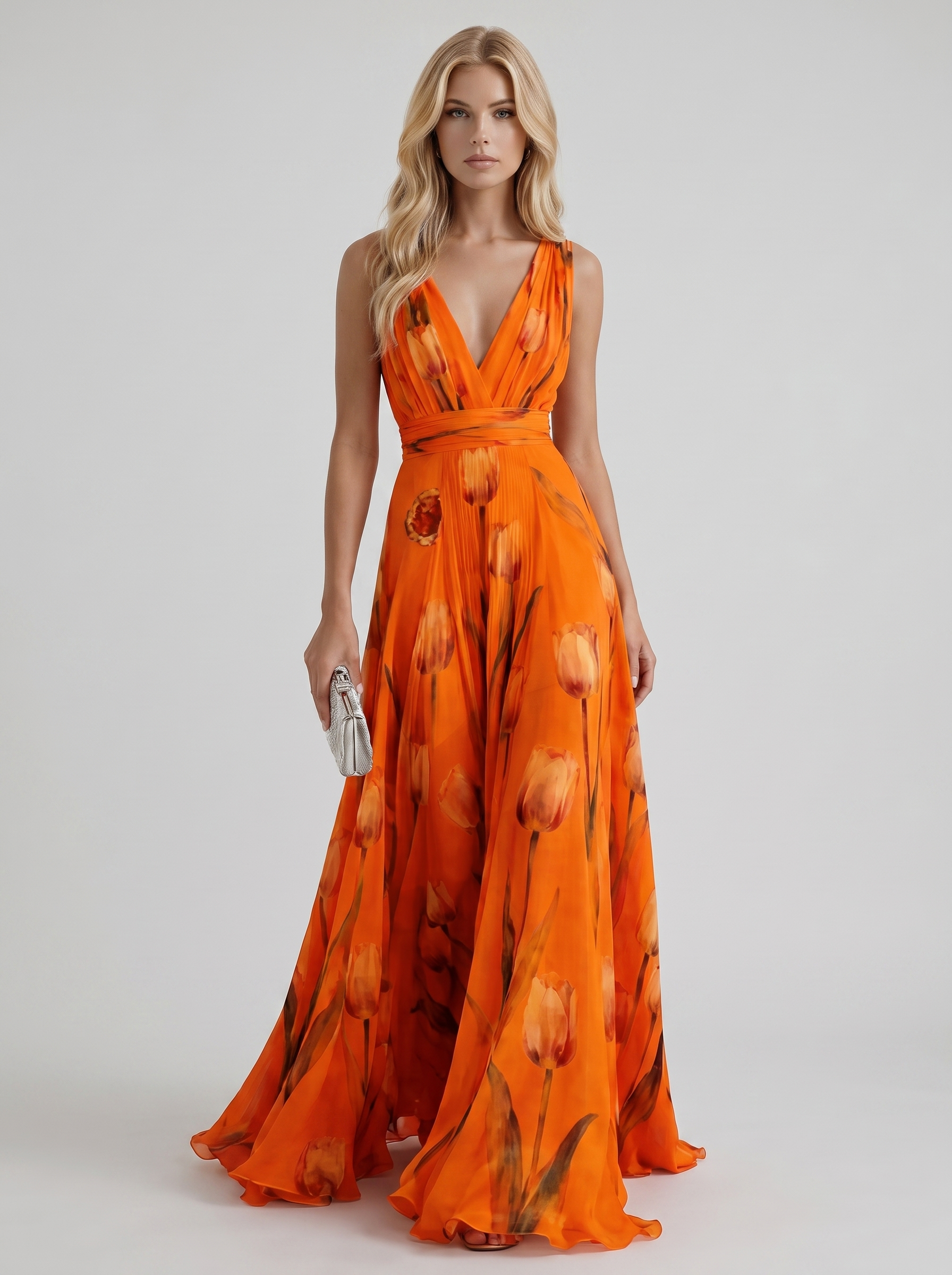 Women orange floral maxi dress with v neckline and tulip floral print