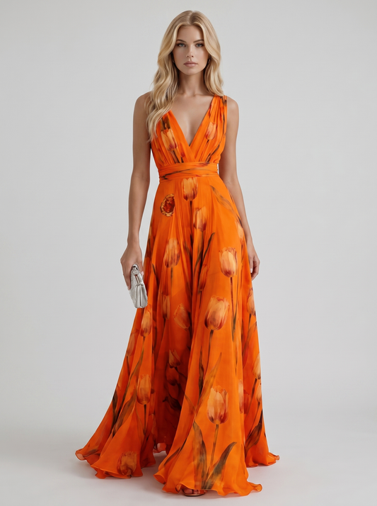 Women orange floral maxi dress with v neckline and tulip floral print