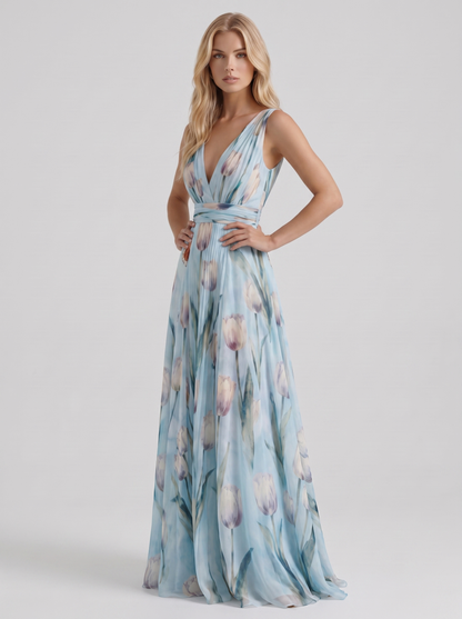 Women sky blue floral maxi dress with v neckline and tulip floral print