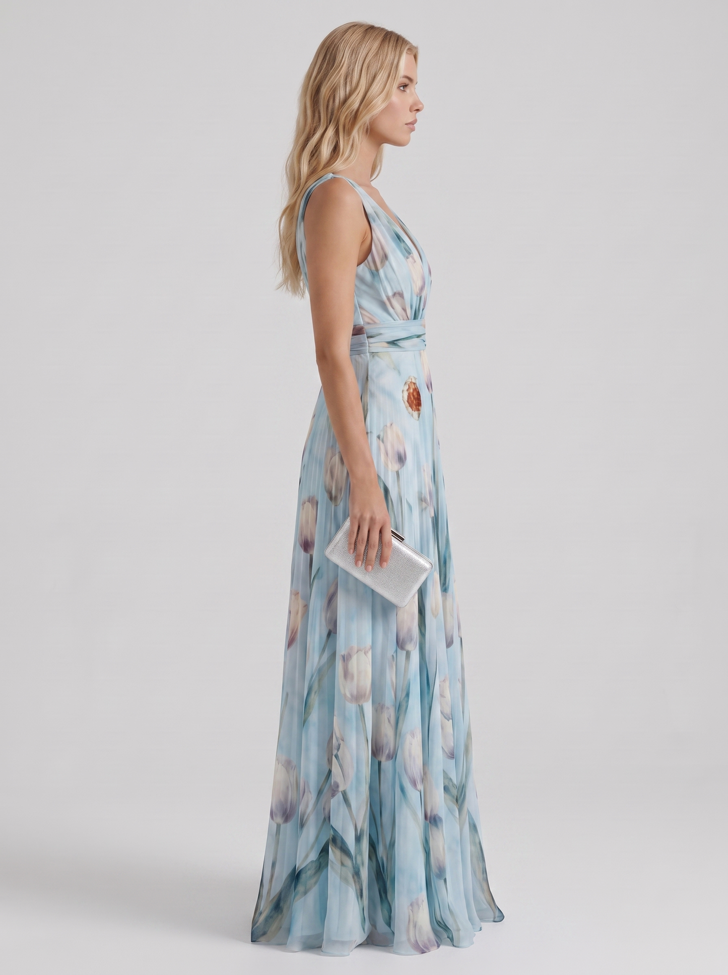 Women sky blue floral maxi dress with v neckline and tulip floral print