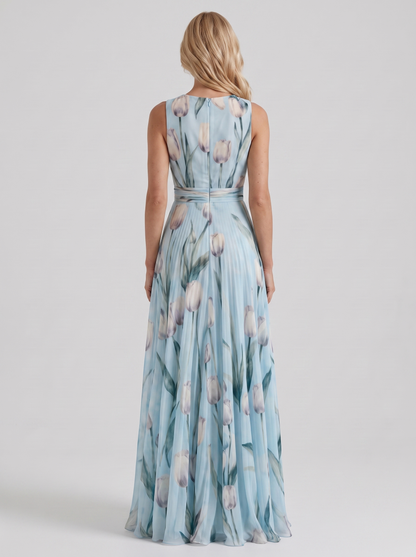 Women sky blue floral maxi dress with v neckline and tulip floral print