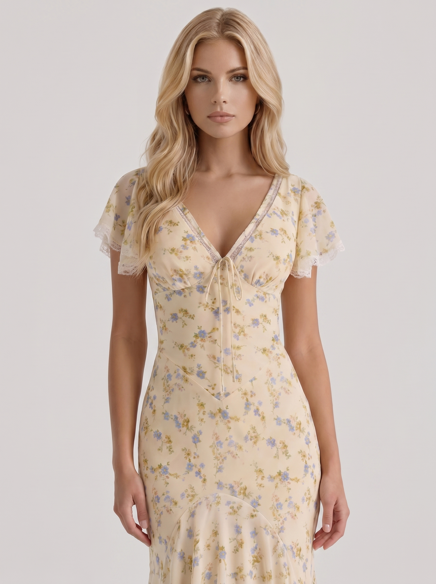 Women cream floral V neck flutter sleeve fishtail maxi gown, front cropped view