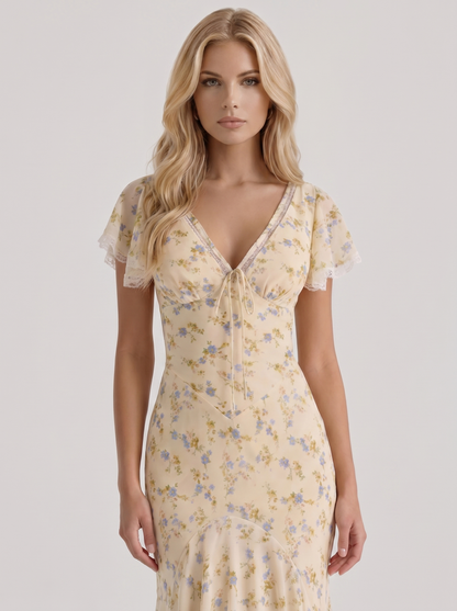 Women cream floral V neck flutter sleeve fishtail maxi gown, front cropped view