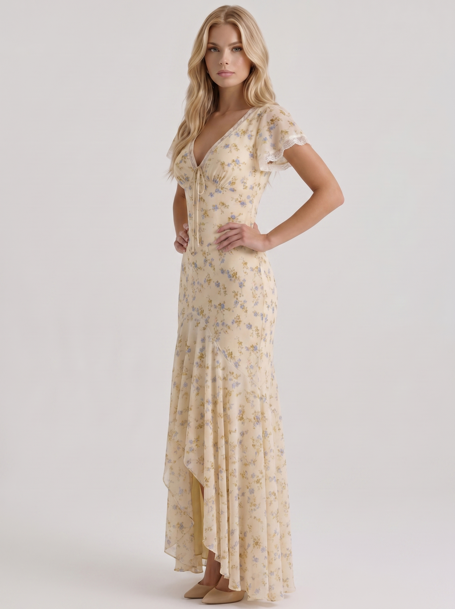 Women cream floral V neck flutter sleeve fishtail maxi gown, 45 angle view