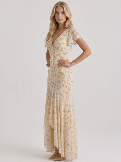Women cream floral V neck flutter sleeve fishtail maxi gown, 45 angle view