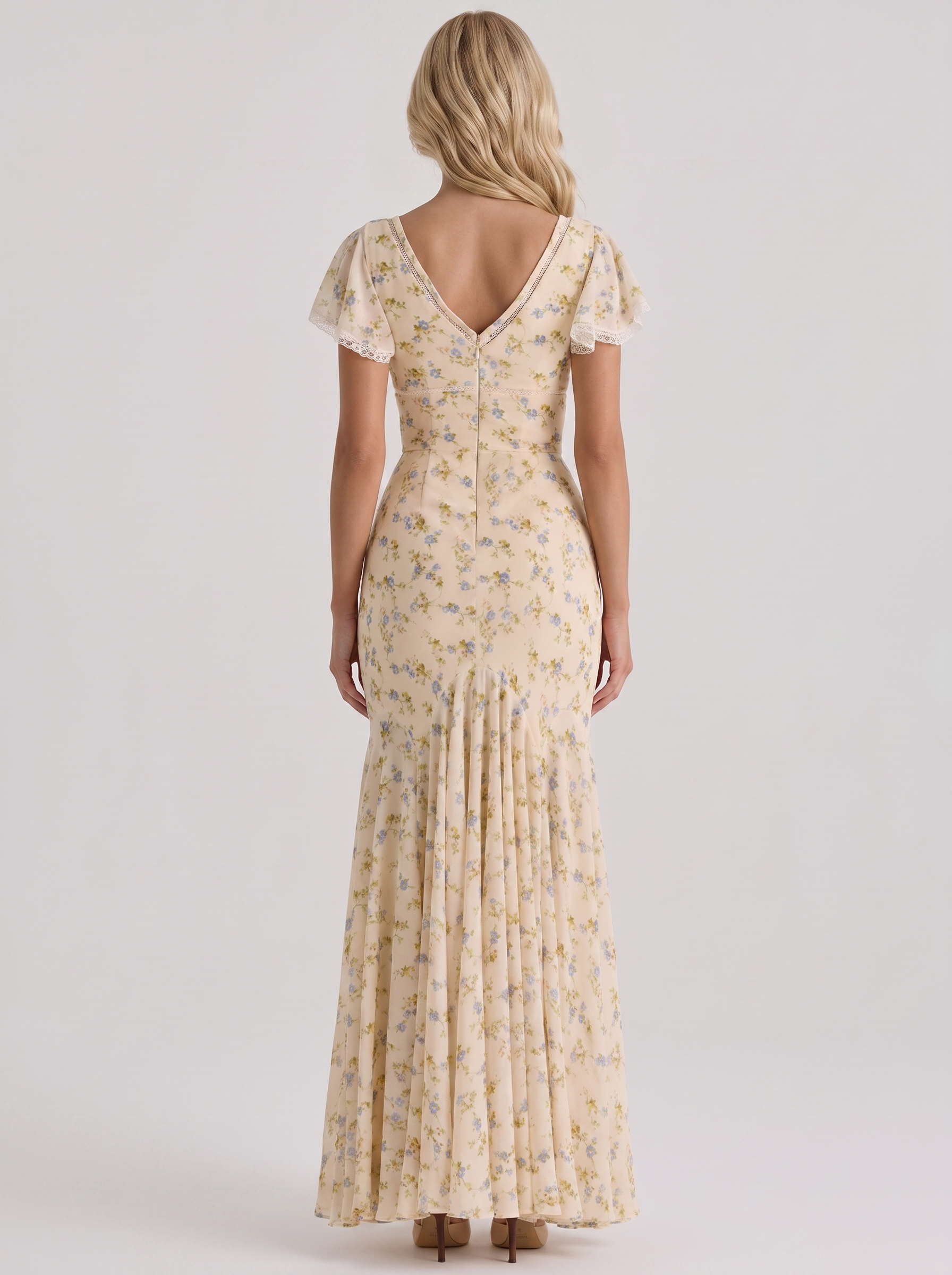 Women cream floral V neck flutter sleeve fishtail maxi gown, back view