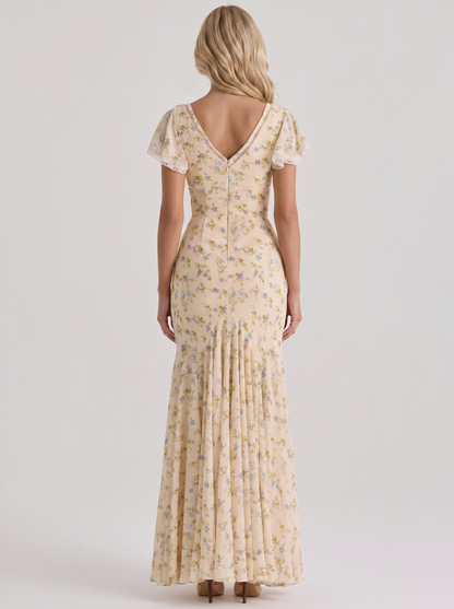 Women cream floral V neck flutter sleeve fishtail maxi gown, back view