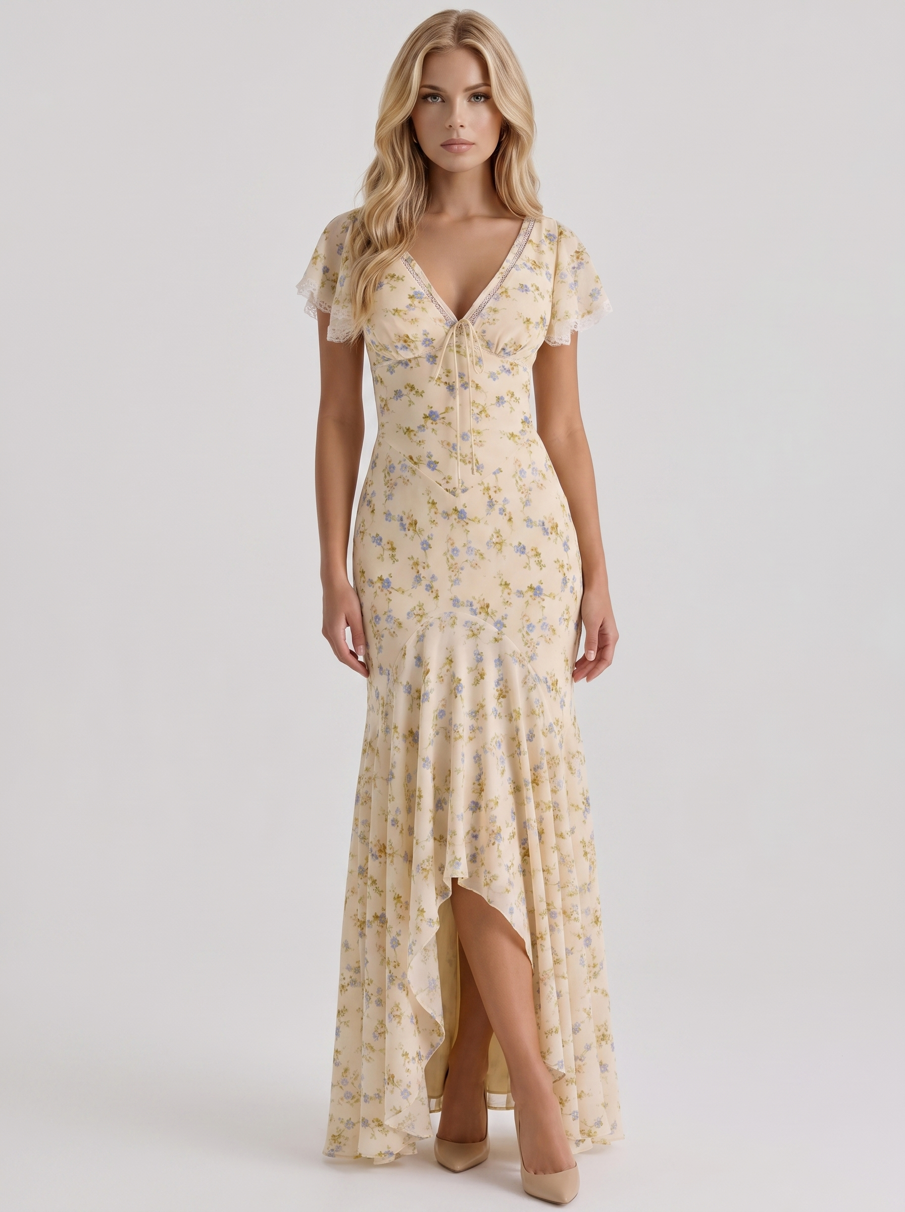 Women cream floral V neck flutter sleeve fishtail maxi gown, front view