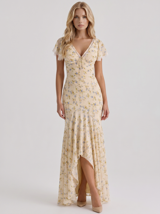 Women cream floral V neck flutter sleeve fishtail maxi gown, front view