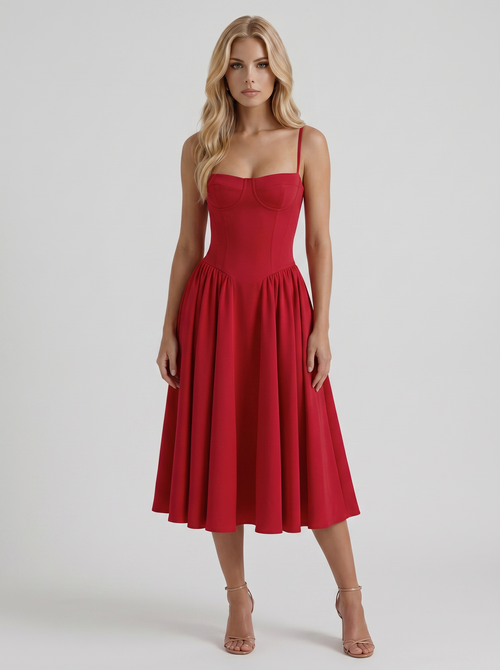 Francesca Sweetheart Ruched Midi Dress - Red