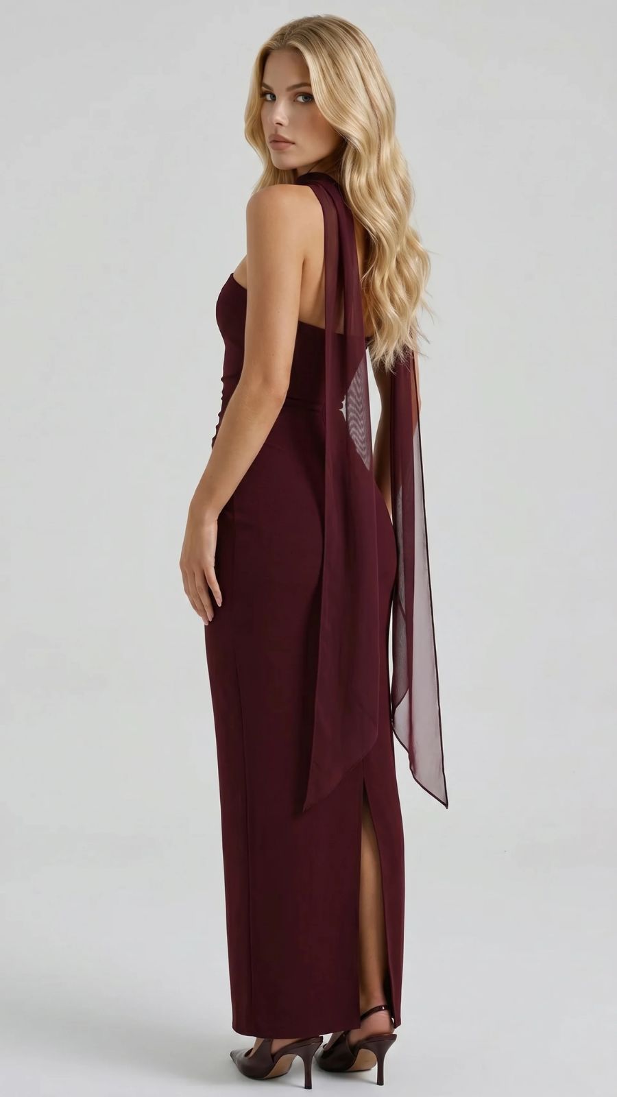 Francisca Bandage Mesh Sash Maxi Dress - Burgundy