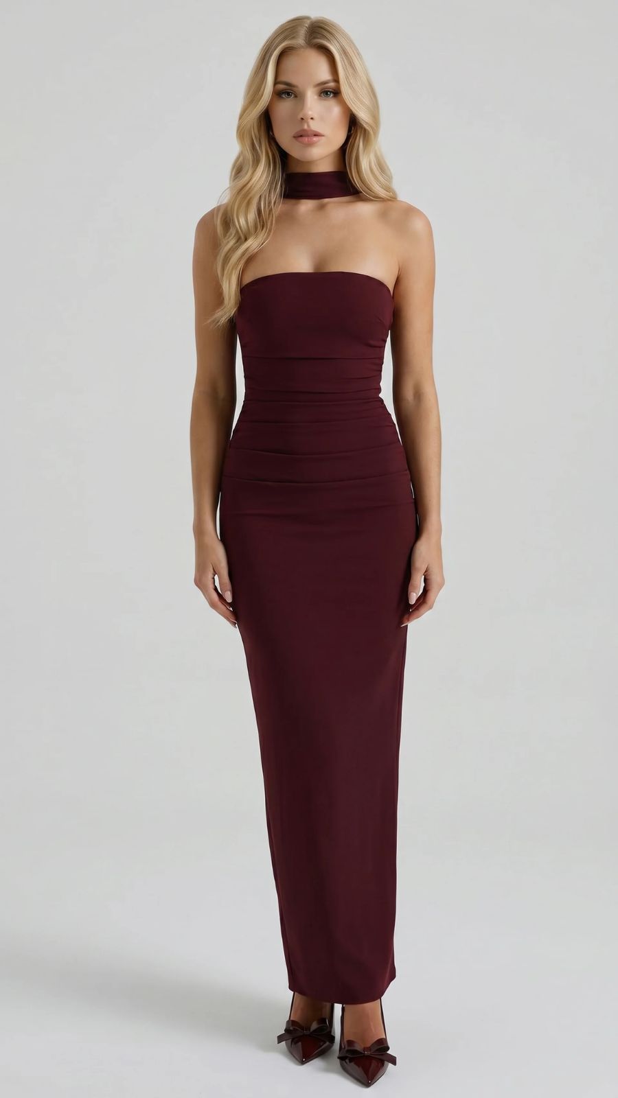Francisca Bandage Mesh Sash Maxi Dress - Burgundy