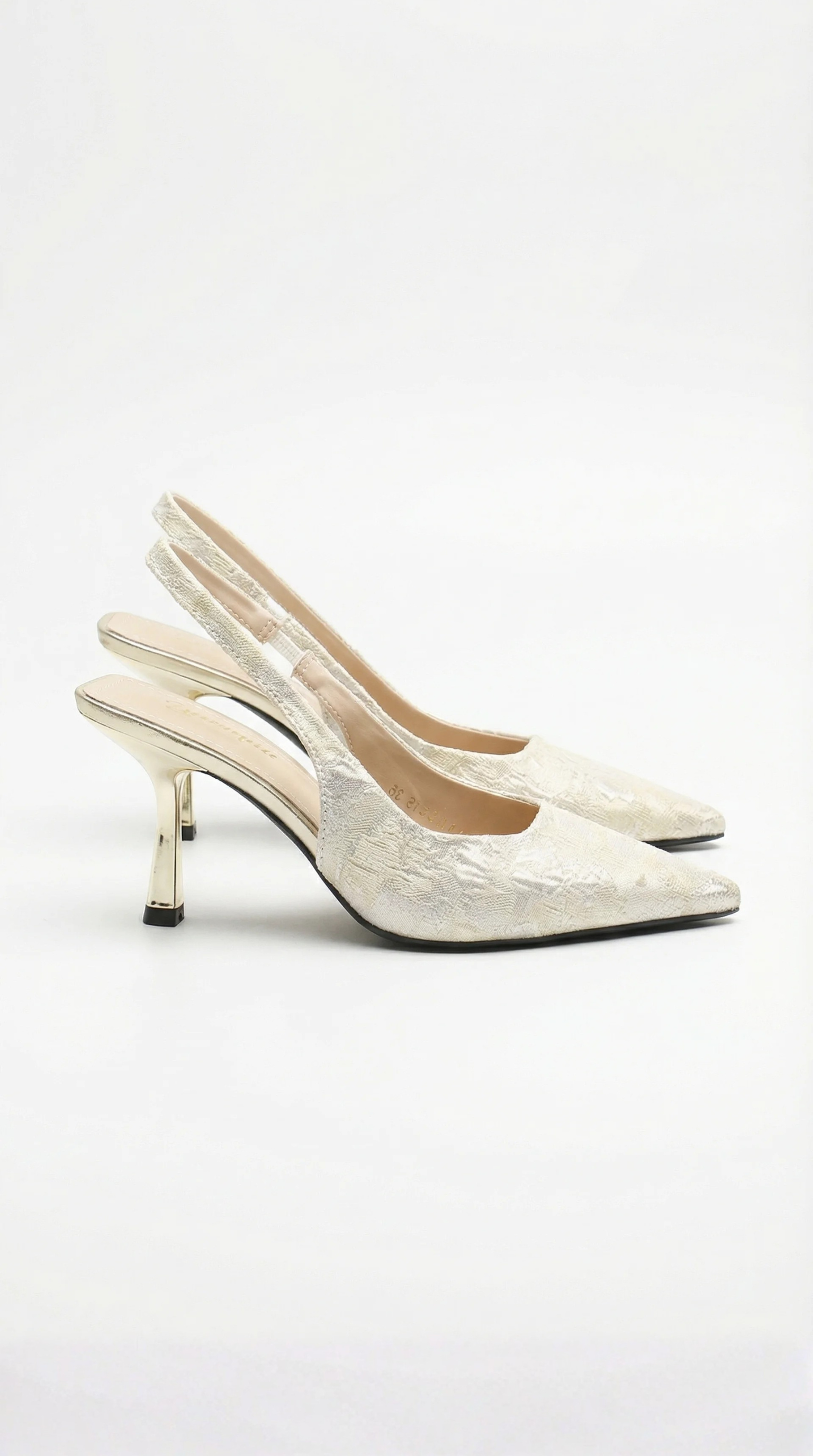 Women gold heeled sandals with pointed toe and slingback strap