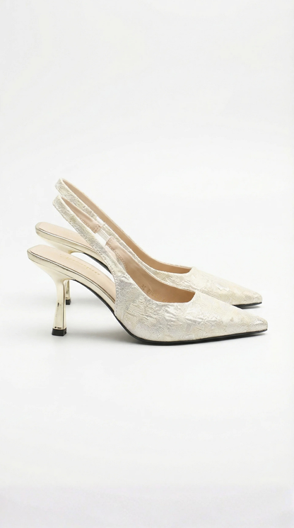 Women gold heeled sandals with pointed toe and slingback strap